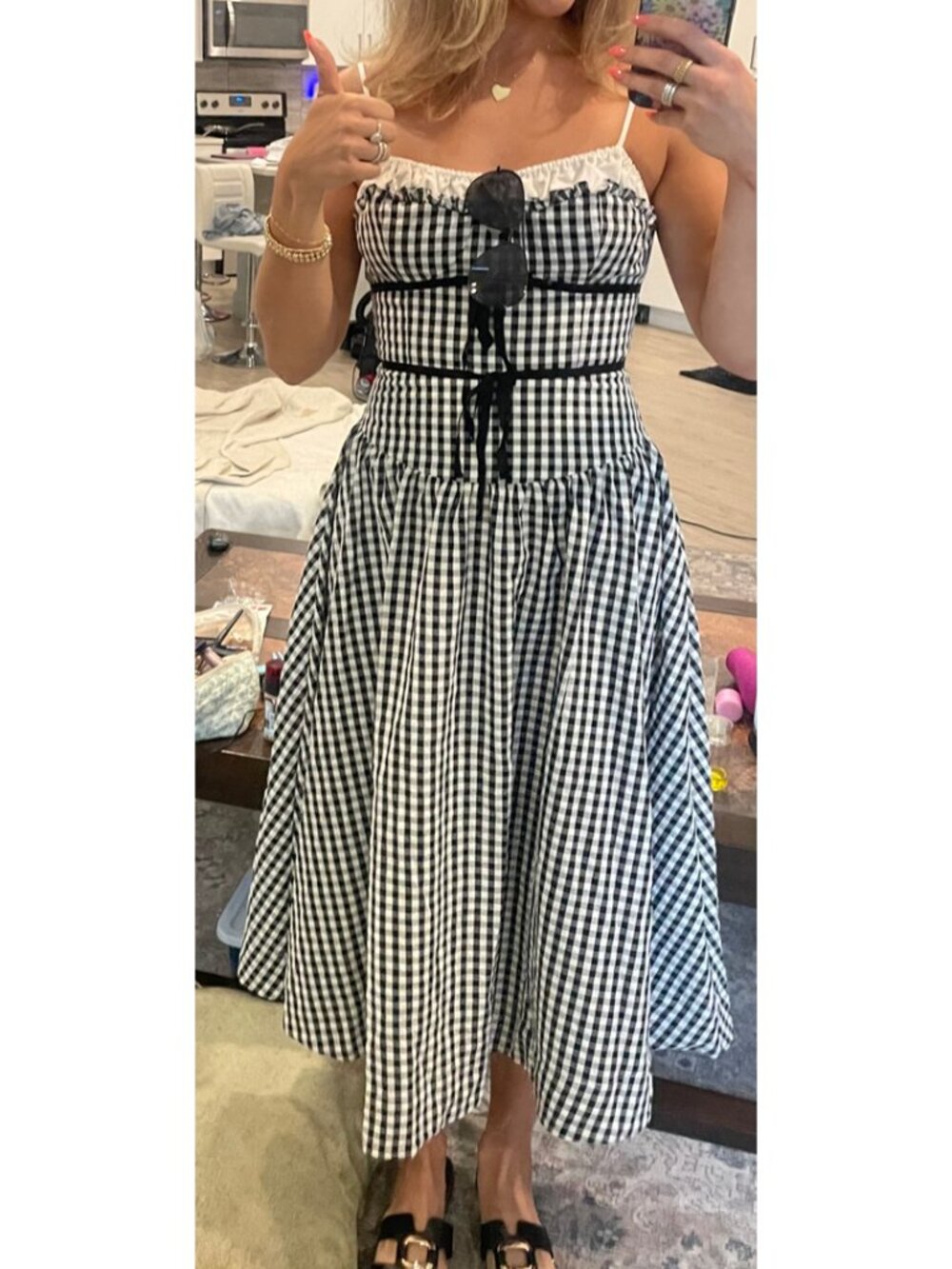 FOR LOVE & LEMONS Georgia Gingham Sweetheart Neck Midi Dress in Black & White